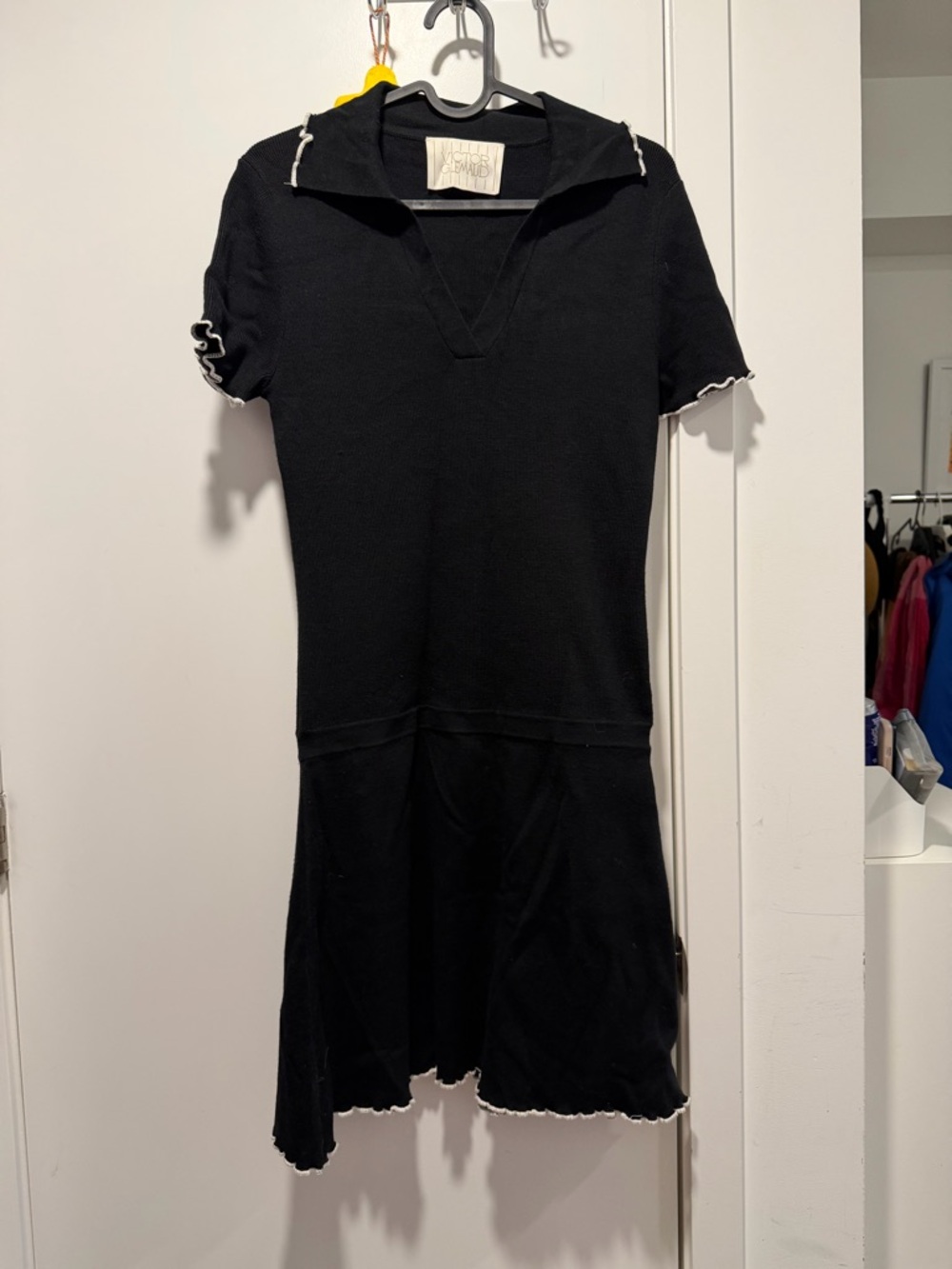 Victor Glemaud Black Knit Polo Dress with White Trim